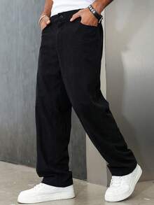 Manfinity EMRG Men's Solid Color Patch Pocket Corduroy Loose Casual Pants, Loose Straight Leg Casual Baggy Korean Pants, Winter