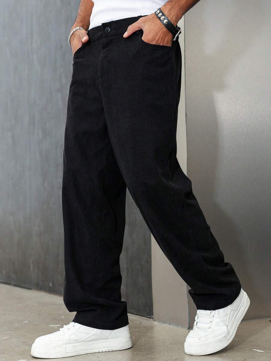 Manfinity EMRG Men's Solid Color Patch Pocket Corduroy Loose Casual Pants, Loose Straight Leg Casual Baggy Korean Pants, Winter