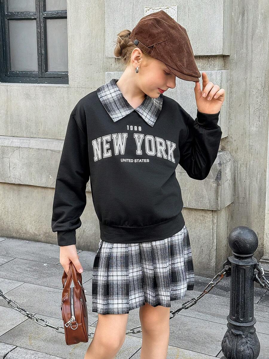Tween Girl 2 In 1 Polo Collar Sweatshirt & Skirt Set - Black - View 1