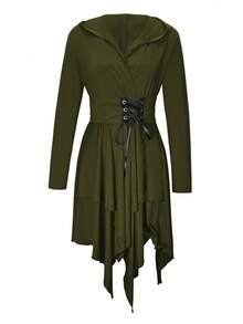 EMERY ROSE Váy dệt kim đơn giản, eo bó, tay dài, viền bất đối xứng, có mũ trùm đầu, màu trơn - xanh quân đội - Xem 4