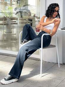 EURMUSE BLACK LOW WAIST BAGGY LOOSE STRAIGHT LEG JEAN - Dark Wash - View 2