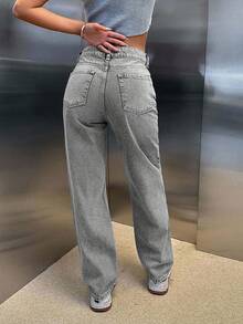 CasuGlow 100% Cotton HIGH RISE ASYMMETRIC BELT STRAIGHT CUT JEAN - Grey - View 2