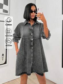 EURMUSE Women's Casual Washed Button-Front Long Sleeve Denim Dress, Autumn - Light Grey - View 1