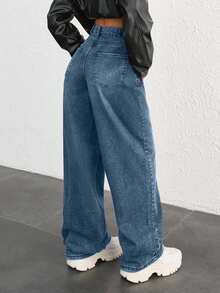 SHEIN Cottnline JEAN DE PIERNA ANCHA CON BOTONES DE CINTURA ALTA 100% ALGODÓN - Azul lavado oscuro - Ver 2