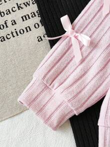 SHEIN Baby Girl Infant Toddler Newborn 0-3 Years Old Autumn/Winter Fashion Knitted Fuzzy Ribbed Bow Cardigan Jacket + Leggings Pants 2-Piece Outfit Set - Pink - View 5