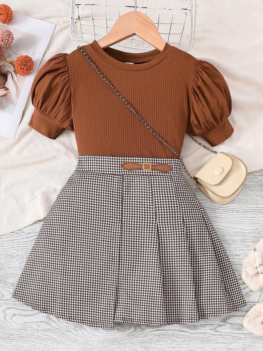 Sparklyn 女孩羅紋針織泡泡袖T恤和格紋百褶半身裙不附帶包 - 彩色 - 查看 1