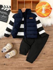 SHEIN 3 件套男婴服装，包括条纹套头衫、绗缝背心和休闲运动裤，适合婴幼儿秋冬装，6 个月至 3 岁