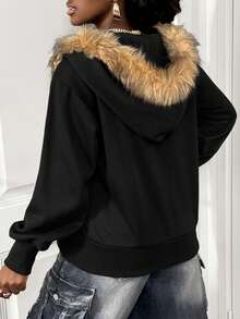 BamGleam Damen Lässig Reißverschluss Thermofutter Kapuzen Sweatshirt mit Fellkragen, geeignet für Herbst/Winter, Retro Vintage, Herbst, Reißverschluss Sweatshirt Damen, Reißverschluss Sweatshirt für Damen mit Kunstfellkragen - Schwarz - Übersicht 2