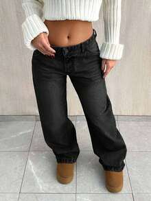 EURMUSE Quần jean ống đứng lưng thấp đơn giản, rộng rãi - màu đen - Xem 5