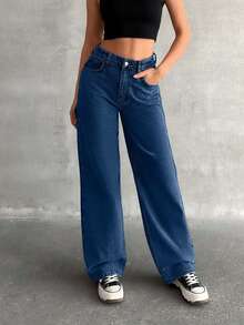 EURMUSE High Waist Straight Leg Jean Carpenter - Dark Wash - View 5