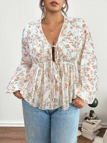 Lounesse 大码女式 V 领带设计碎花长袖衬衫，百搭日常穿着，蓝色碎花 - 彩色 - 查看 4