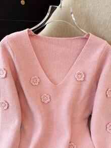 SHEIN Franclia French Handmade 3D Floral Knit Sweater - Pink - View 4