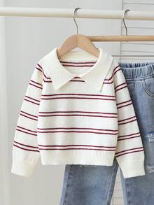 SHEIN 女童杏色和酒红色条纹短款圆领针织衫，柔软舒适，适合日常、户外、旅行、度假、居家、托儿所和儿童玩耍等场合，冬季、圣诞节、万圣节、秋季保暖舒适。