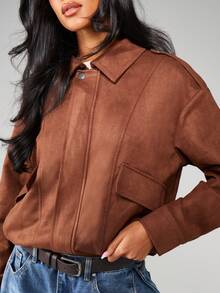 MISSGUIDED Faux Suede Bomber Jacket With Zipper Closure And Ribbed Cuffs For Fall Winter Casual Outerwear - Chocolate Brown - View 6