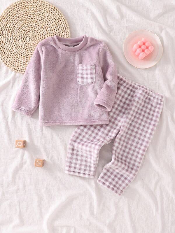 Baby Mädchen Kuschelige karierte Langarm-Oberteil und Hose bequemer Pyjama-Set