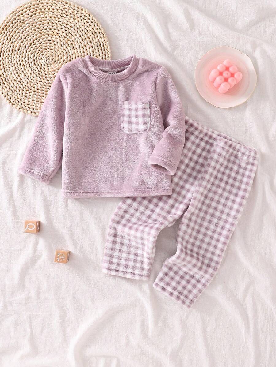 女婴毛绒格子长袖上衣和裤子舒适睡衣套装