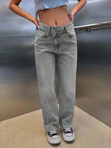 CasuGlow 100% Cotton HIGH RISE ASYMMETRIC BELT STRAIGHT CUT JEAN - Grey - View 4