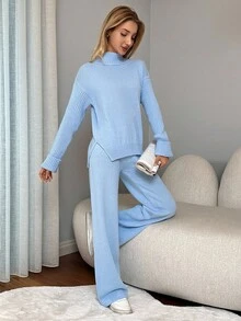 EURMUSE 女款開衩下擺毛衣針織褲套裝