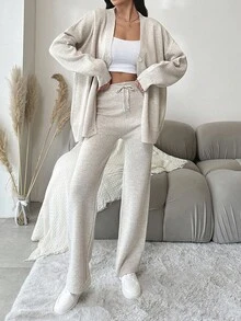 EURMUSE Drop Shoulder Cardigan & Knit Pants - Beige - View 4