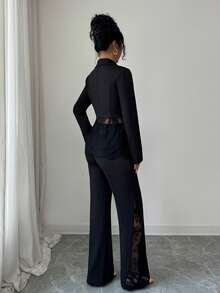 Elenzga Damski jednorzędowy, koronkowy, patchworkowy żakiet i spodnie, elegancki, swobodny, dojazd do pracy, modny, francuski, uliczny, vintage, biznesowy, świąteczny komplet, 2 sztuki, jesień/zima