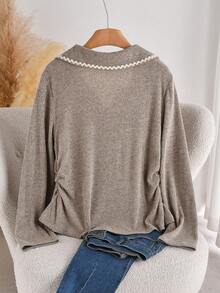 CosyJoli Plus Size Casual Lace Patchwork Polo Collar Ruched Side Seam Ribbed Texture Knit Pullover T-Shirt - Apricot - View 2