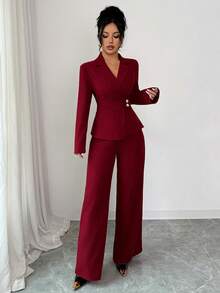 SHEIN Elenzya 女式不对称腰长袖西装外套和阔腿裤套装，优雅的办公室通勤装，秋冬 - 酒紅色 - 查看 5