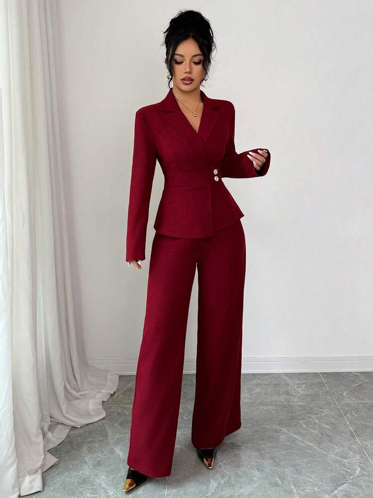SHEIN Elenzya 女式不对称腰长袖西装外套和阔腿裤套装，优雅的办公室通勤装，秋冬 - 酒紅色 - 查看 5