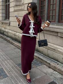 SHEIN Unity 2pcs Ombre Bowknot Strap Casual Basic Knit Set, Autumn/Winter - Burgundy - View 6
