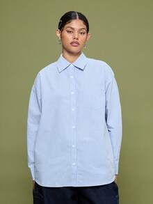 COUREZ Blue And White Stripe Oversized Long Sleeve Shirt With Back Print,Autumn Casual School Back-To-School Y2K Women's Blouses,Elegant Party Tops - Blue - View 5