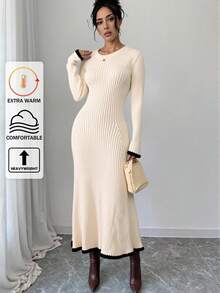 EURMUSE 女士长款荷叶边 A 字形毛衣裙，撞色滚边 - 奶油色 - 查看 1