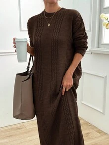 EURMUSE Abito a maglia a costine tinta unita da donna, stile casual e minimalista per l'autunno/inverno - Castano - Visualizzare 2