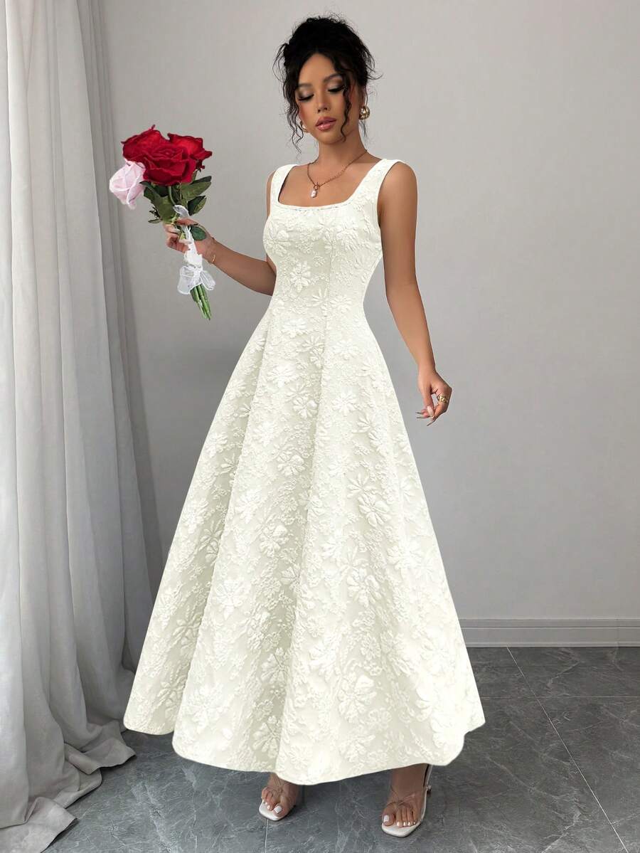 Elenzga 新品女式无袖破洞花卉纹理梭织面料修身中长优雅连衣裙，百搭又迷人