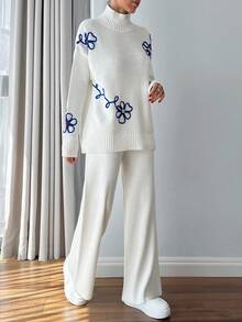EURMUSE Women 3d Floral Embroidery Sweater Co-Ord Set - White - View 8