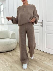EURMUSE Casual Basic Oversize Balloon Sleeve Sweater & Wide Leg Plain Sweater Pants 2 Piece Set - Beige - View 4