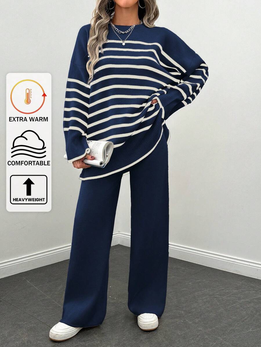 EURMUSE 2pcs Women Casual Striped Round Neck Dropped Shoulder Long Sleeve Sweater & Knit Pants Set, Autumn/Winter - Navy Blue - View 1