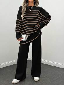 2pcs Women Casual Everyday Loose Drop Shoulder Striped Pullover Sweater And Straight Knit Pants Set - Black - View 6