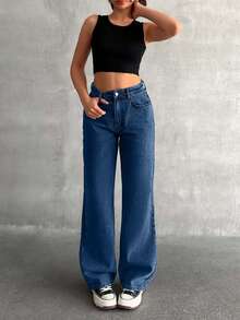 EURMUSE High Waist Straight Leg Jean Carpenter - Dark Wash - View 7