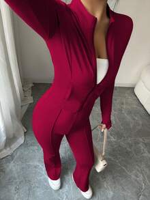 INAWLY Bộ 2 món áo crop top bó sát có khóa kéo và quần ống loe cho nữ - Màu Đỏ Sâu - Xem 7