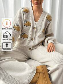 EURMUSE Ensemble femme composé d'un gilet à gros boutons avec motif mouton 3D et d'un pantalon en maille - Beige - Voir 1