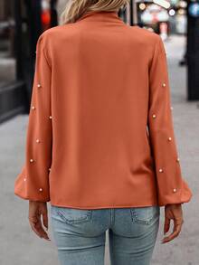 EMERY ROSE Áo cánh tay dài thanh lịch cổ thắt nơ màu trơn đính ngọc trai giả cho nữ - Màu Cam cháy - Xem 2