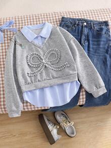 Girls Casual Versatile 2 In 1 Sweatshirt, With Blue & White Striped Shirt Collar, Cuffs And Hem, Black Letter Print Graphic On Chest, Suitable For Autumn/Winter Outings, Travel, Walking, School, Commuting, Can Be Paired With Jackets, Pants, Sweatpants - Grey - View 1