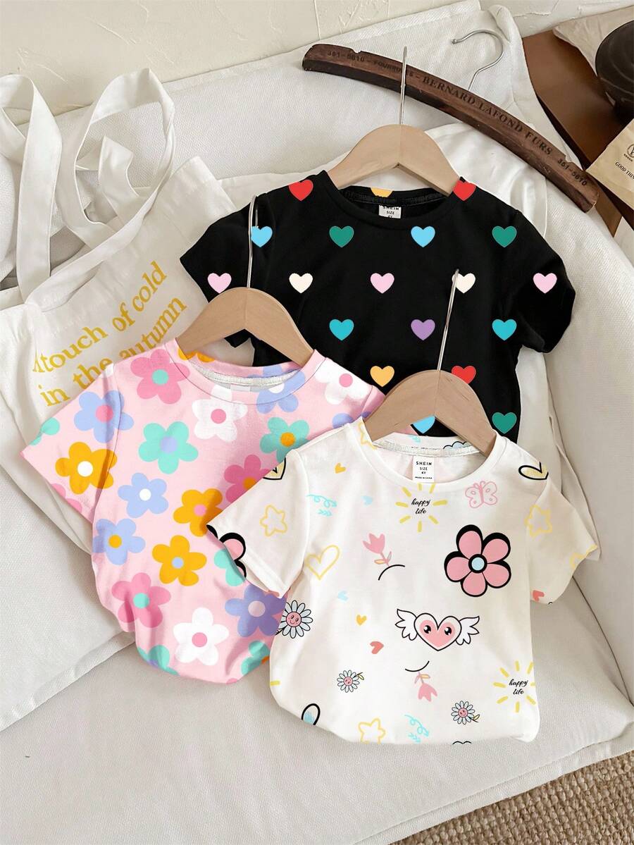 SHEIN Leap Crew 3 件套 Tween 女童休闲花卉、心形和波尔卡圆点印花短袖圆领 T 恤,适合夏季 - 彩色 - 查看 1