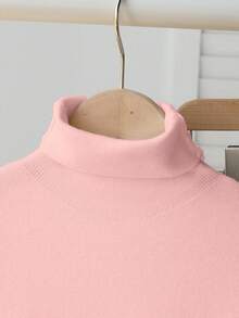 SHEIN Vintaside Kids 少女休闲纯色高领毛衣，高领女童抓绒高领毛衣，适合4岁女孩，可爱纯色冬季圣诞节万圣节毛衣，秋季套头衫 - 粉色 - 查看 6