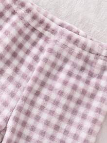 女婴毛绒格子长袖上衣和裤子舒适睡衣套装