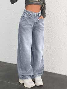 EURMUSE 100% COTTON HIGH WAIST BUTTON DETAILED WIDE LEG JEAN - Baby Blue - View 4