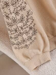 CosyJoli Tricou casual cu guler rotund, pulover, texturat, cu nervuri, brodat, mărime plus - Cămilă - Vizualizare 3