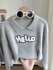 青少年女孩休闲运动风格字母图案落肩宽松毛衣和褶皱毛衣裙套装，秋冬 - 灰色 - 查看 6