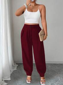 Elenzga Plus Size Solid Color Pleated Waist Belt Loop Casual Loose Fit Pants - Burgundy - View 5