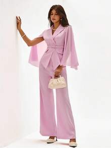 Rafferiza Bộ vest thanh lịch cho nữ, áo khoác cổ ve lật hai hàng khuy và quần ống loe màu trơn - Màu Hồng baby - Xem 5