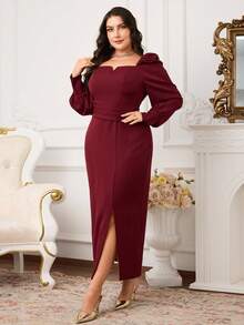 Modelyn Đầm ôm dáng thanh lịch màu trơn dành cho nữ cỡ lớn, tay phồng xếp ly, xẻ tà, thích hợp cho mùa xuân/thu. - Màu Đỏ Sâu - Xem 6